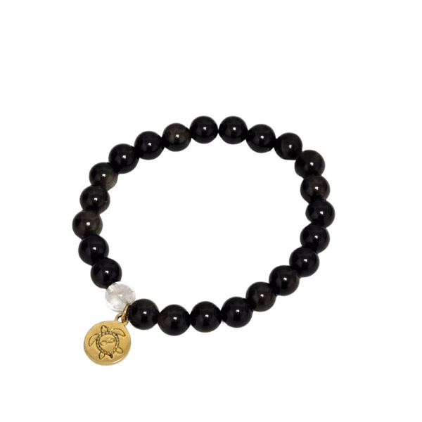 Protection - Black Obsidian Bracelet Brass Intention Bracelets with Turtle Emblem Charm