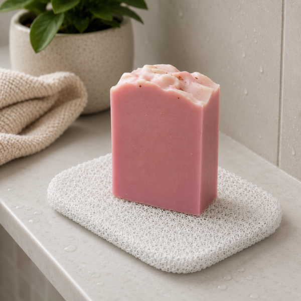 White soap saver mat with pink handmade soap in a bathroom setting
