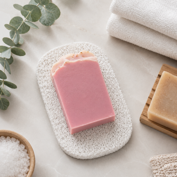 White soap saver mat with pink handmade soap in a spa flat lay