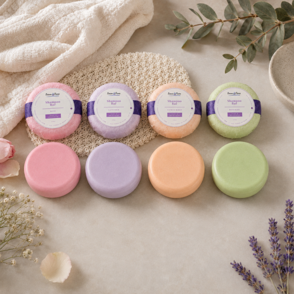 Handmade shampoo bars in Rose, Lavender, Citrus, and Rosemary with matching solid bars
