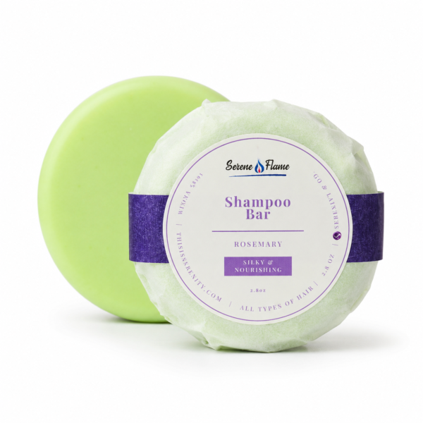 Rosemary handmade shampoo bar with wrapped bar and solid green shampoo bar