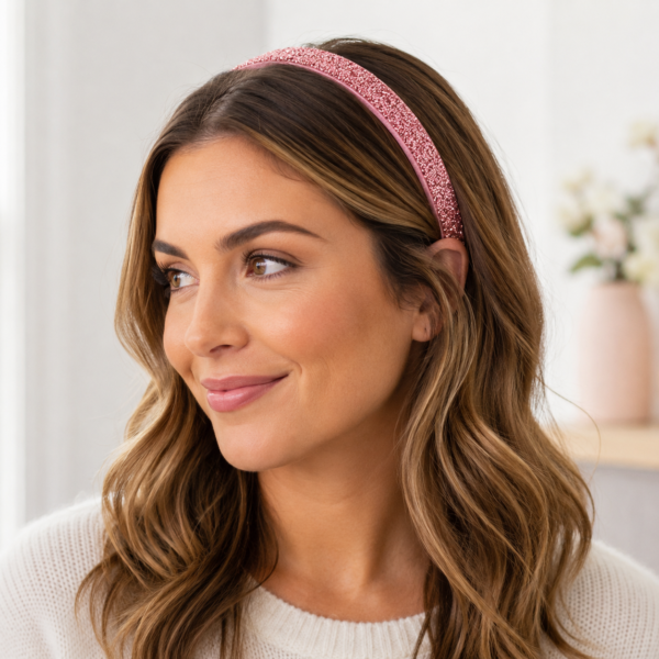 Woman wearing a pink glitter stretch headband
