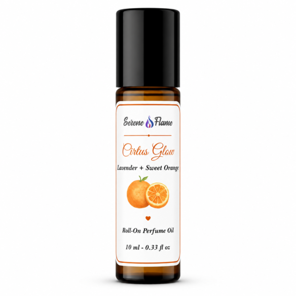 Serene Flame Citrus Glow lavender sweet orange roll-on perfume oil in 10 ml amber glass bottle
