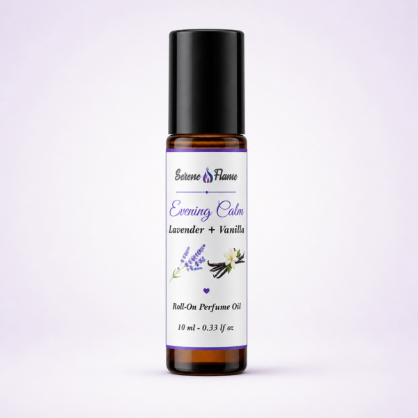 Serene Flame Evening Calm lavender vanilla roll-on perfume oil in 10 ml amber glass bottle