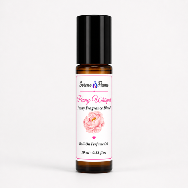 Serene Flame Peony Whisper peony fragrance roll-on perfume oil in 10 ml amber glass bottle