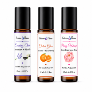 Serene Flame roll-on perfume oil collection with Evening Calm Citrus Glow and Peony Whisper scents