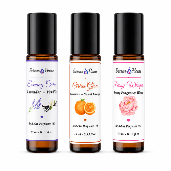 Serene Flame roll-on perfume oil collection with Evening Calm Citrus Glow and Peony Whisper scents
