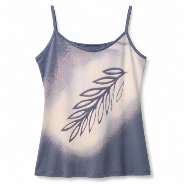 Blue grey hand-bleached botanical leaf tank top by Eva Luvz Designing
