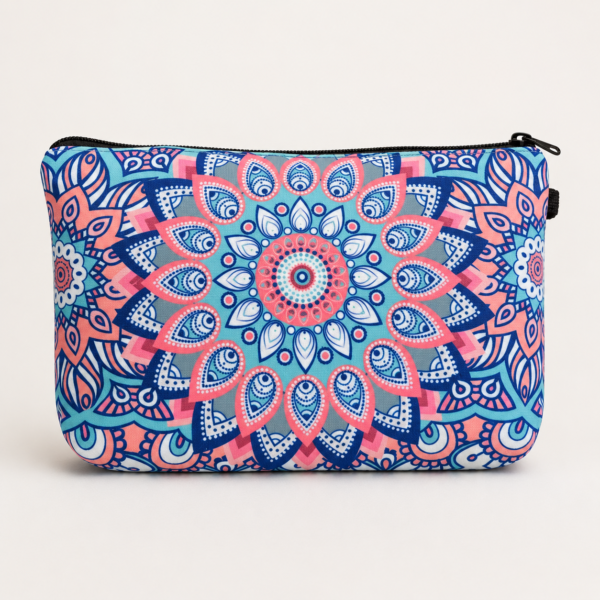 Blue and pink mandala zippered fabric cosmetic bag