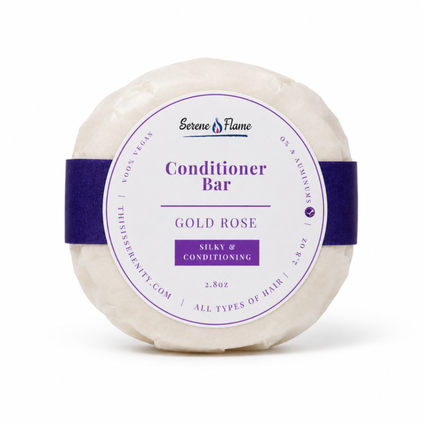Gold Rose handmade conditioner bar wrapped with purple label