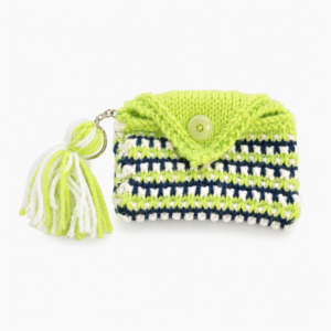 Lime green and navy handcrafted crocheted coin purse keychain