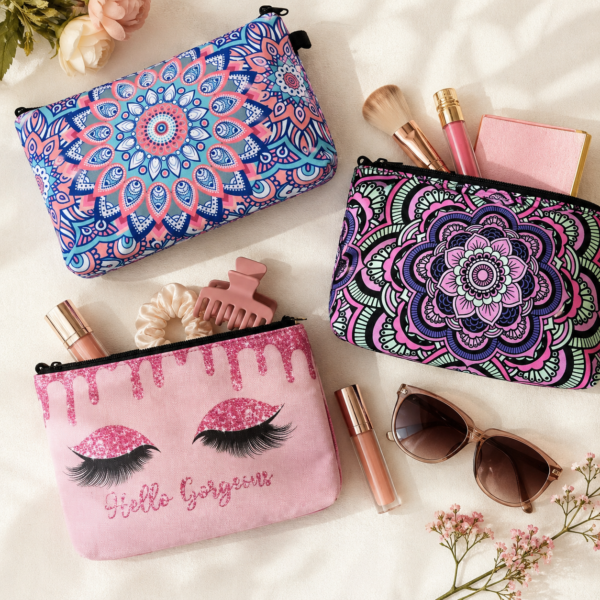Zippered fabric cosmetic bags flat lay with makeup and accessories